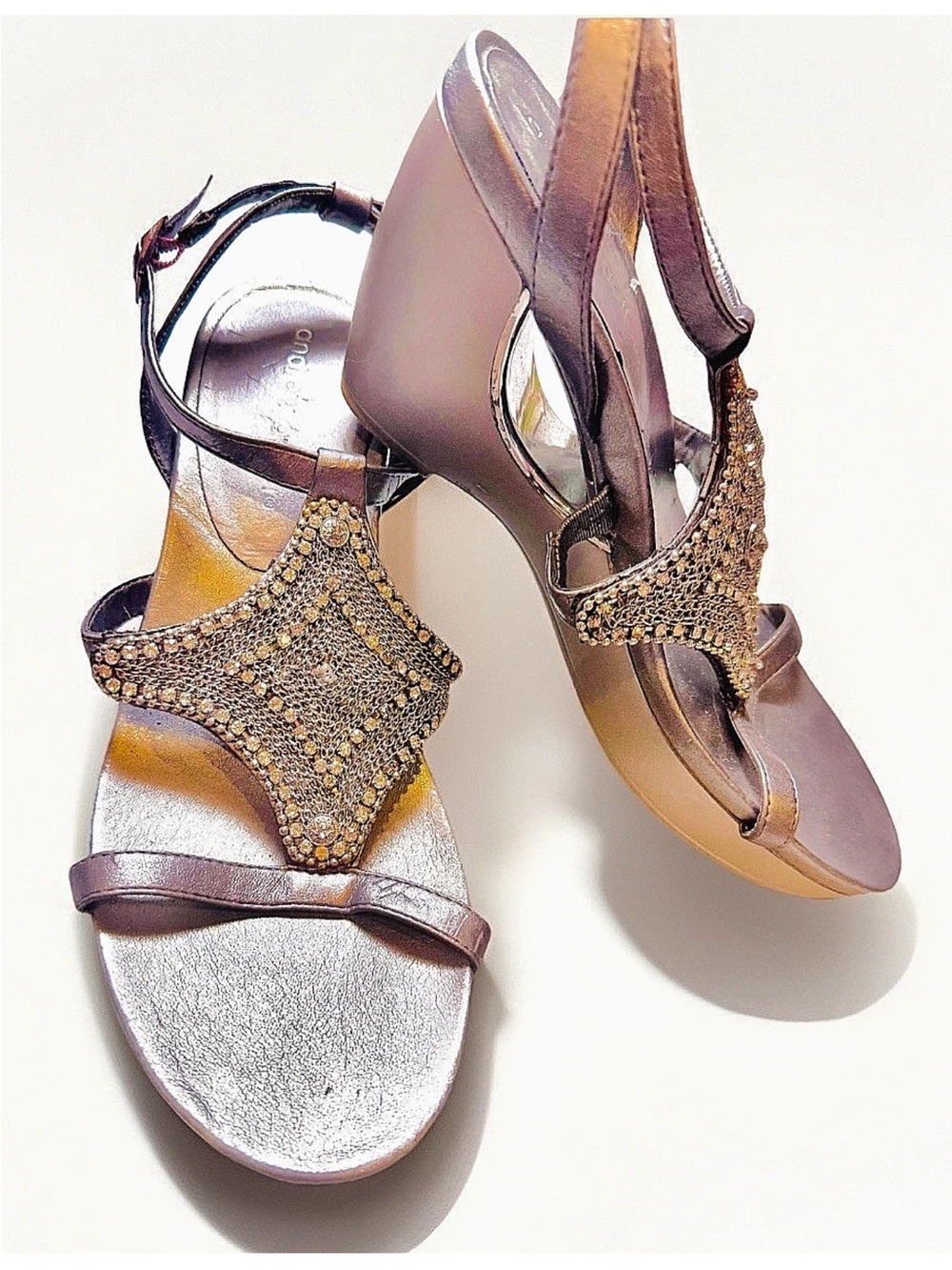 🩶ANDREW GELLER🩶 “ANDERSON” METALLIC STRAPPY GLADIATOR CUTOUT WEDGE ANKLE SANDAL